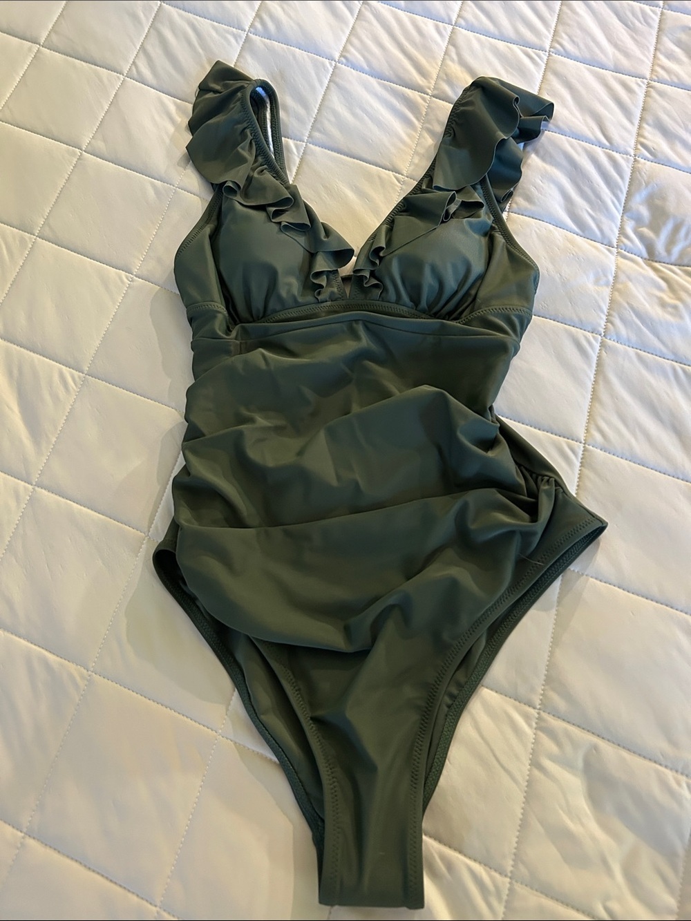 Ruffled Olive Green One-Piece Swimsuit for Women NWOT - Picture 3 of 6